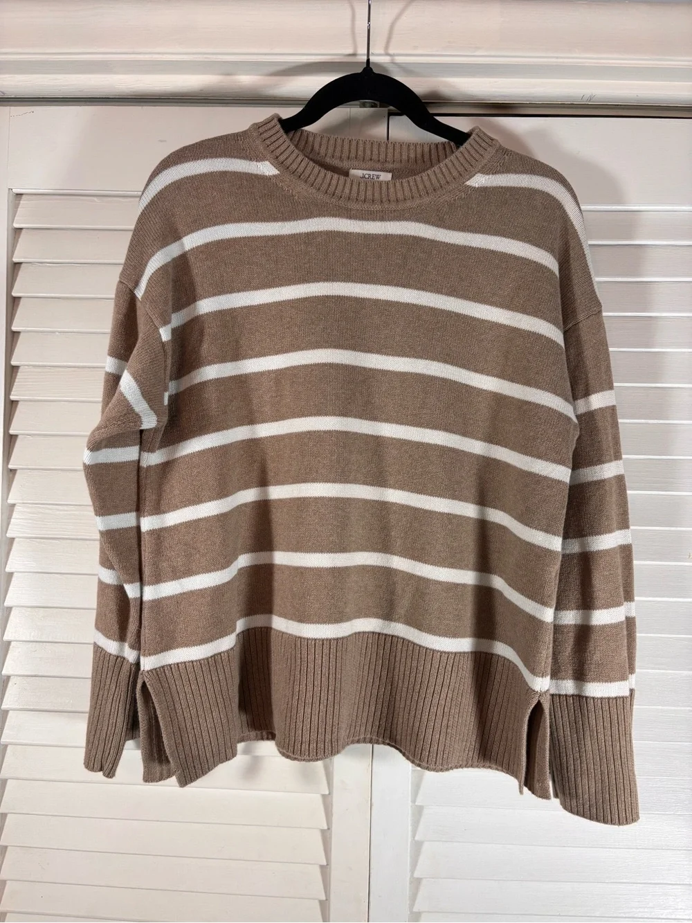 J.Crew Factory Wide Hem Striped Cotton Sweater Size Medium Tan Ivory